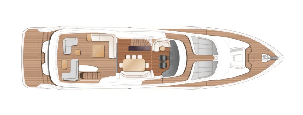 Top-down plan of a luxury yacht deck: aft lounge, central dining area, helm station, and forward seating area.