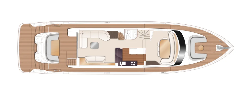 Top-down floor plan of a luxury motor yacht showing the aft deck seating, main salon, galley, dining area, stairs, and forward cabins.