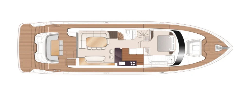 Top-down layout of a luxury motor yacht showing aft outdoor seating, indoor dining and lounge, galley, stairs, and forward master cabin.