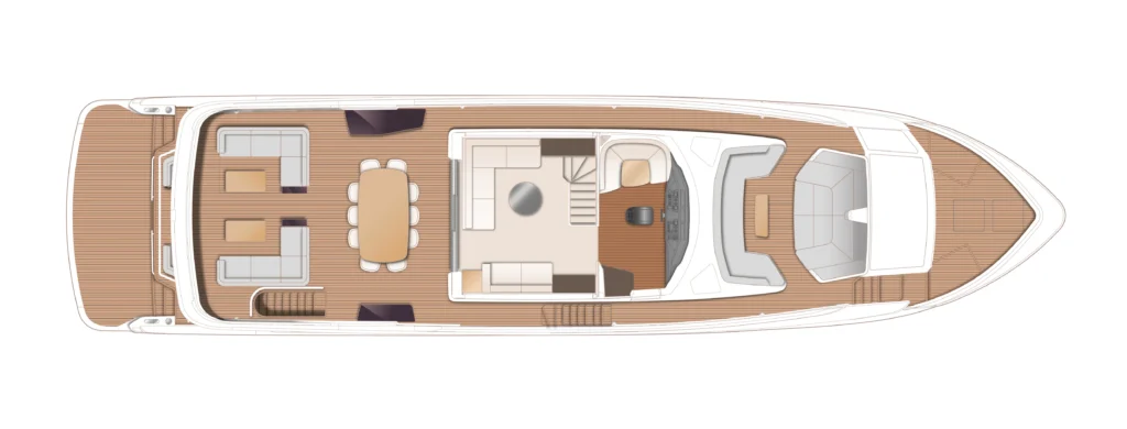 Top-down layout of a luxury motor yacht showing aft seating area, central dining table, galley and helm on the main deck, with stairs leading to lower levels.