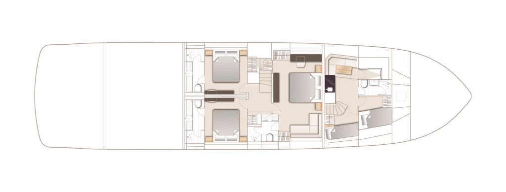 Top-down floor plan of a luxury motor yacht showing multiple cabins, en-suite heads, and a central living area.