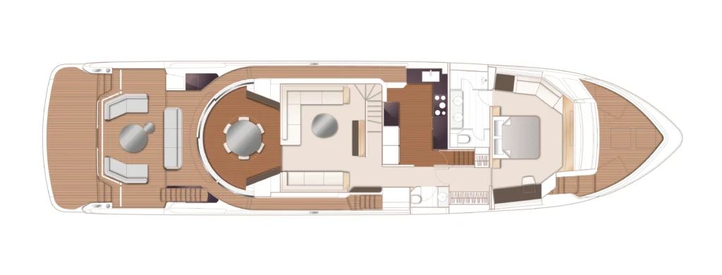 Top-down layout of a luxury yacht interior showing outdoor aft deck, lounge seating, dining area, galley, and multiple en suite cabins.