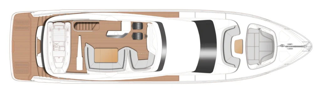Top-down layout of a luxury motor yacht showing the cockpit, seating area, and deck arrangement from above.