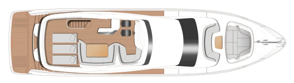 Top-down plan of a luxury motor yacht showing teak decks, aft lounge, midship seating and helm area, plus forward deck space and bow cabin
