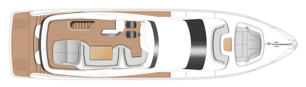Top-down layout of a luxury motor yacht showing deck with seating, helm, and stairs from stern to bow.