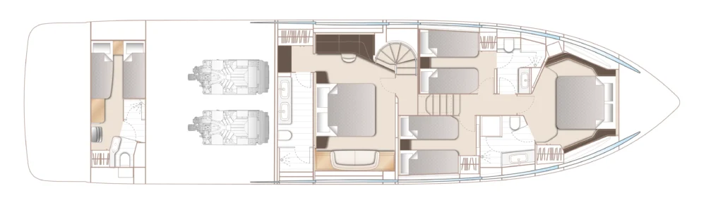 Top-down floor plan of a luxury motor yacht showing engine room aft, multiple cabins, and a central living area and helm interior layout.