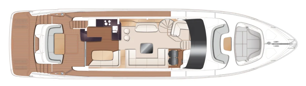 Top-down layout of a luxury motor yacht showing aft deck seating, dining area, galley, salon, and helm.