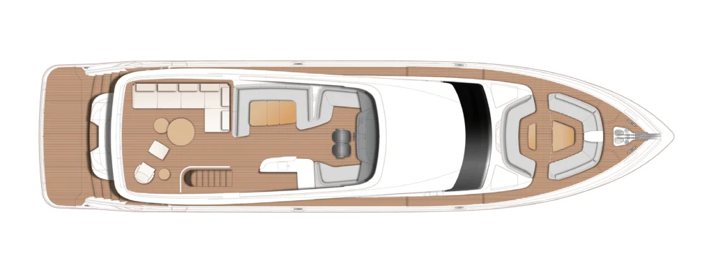Top-down floor plan of a luxury yacht showing the aft deck lounge, interior salon, helm area, and forward cabin spaces on teak decking.