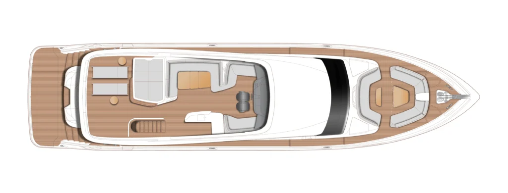 Top-down schematic of a luxury yacht deck showing cockpit, lounge, dining area, helm, and cabins.