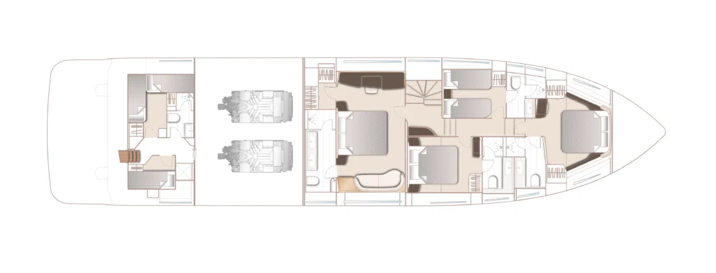 Top-down layout of a luxury yacht showing engine rooms aft, crew quarters, living areas, dining spaces, and multiple staterooms along the deck forward-to-midship safety areas.