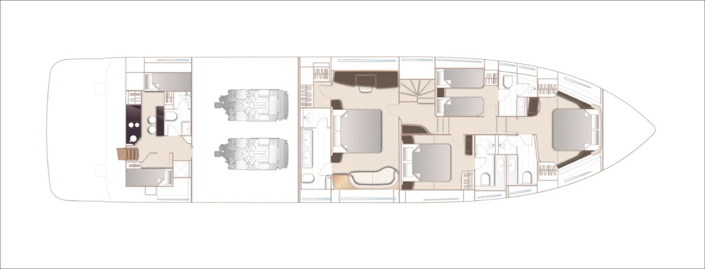 Yacht interior layout showing multiple cabins, bathrooms, a galley, dining area, and engine room along a long floor plan.