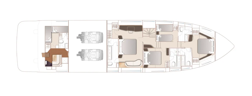 Top-down layout of a luxury motor yacht: multiple cabins, saloon, galley, stairs, and two engines at center.