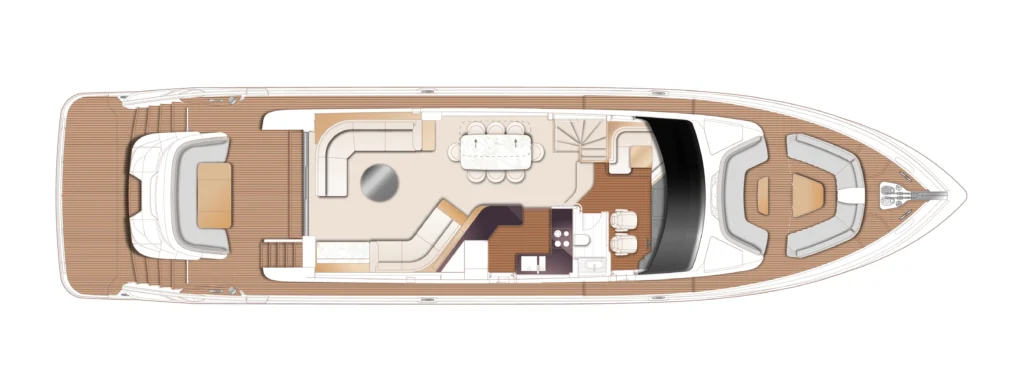 Top-down floor plan of a luxury motor yacht showing aft outdoor deck, lounge seating, dining area, galley, stairs, and forward helm area.