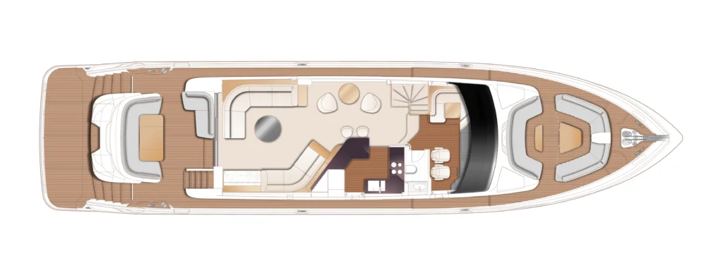 Top-down floor plan of a luxury motor yacht: aft outdoor deck, curved sofas, central lounge, dining/kitchen area, stairs, and helm forward.
