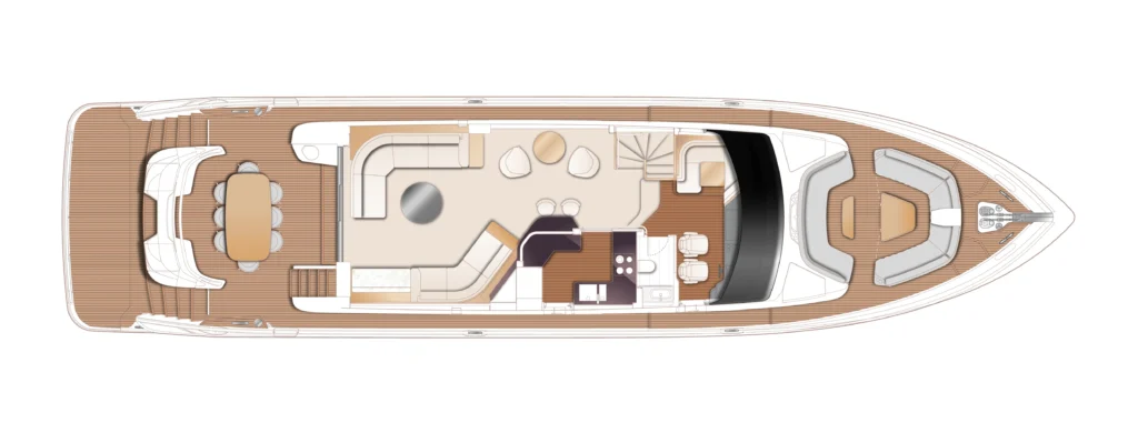 Top-down floor plan of a luxury yacht showing aft dining area, midship lounge, galley and kitchen, helm station, stairs, and forward deck seating/bridge area.