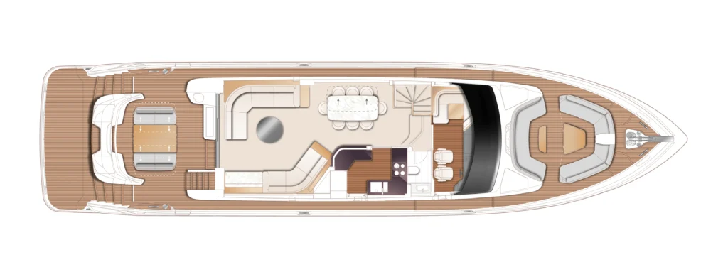 Top-down layout of a luxury yacht showing outdoor aft deck, lounge areas, dining table, galley, stairs, and helm area.