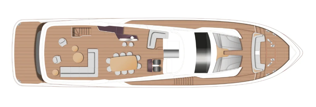 Top-down layout of a luxury motor yacht interior and deck, showing an aft lounge, circular seating, dining table, and forward helm area on a teak deck.