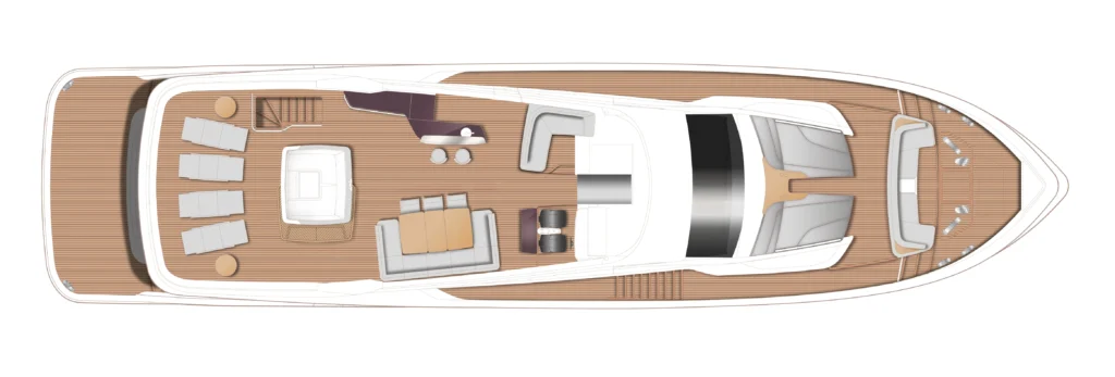 Top-down view of a luxury yacht deck: aft sun loungers, lounge seating, dining area, and helm forward of the cockpit on teak decking.