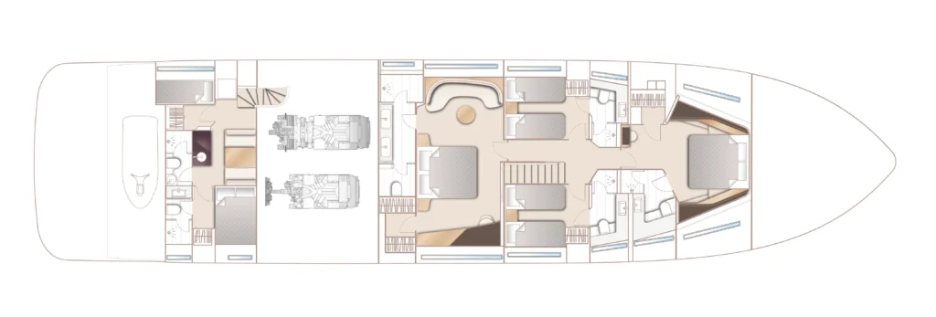 Top-down deck plan of a luxury yacht showing engine room, crew areas, and multiple guest cabins.