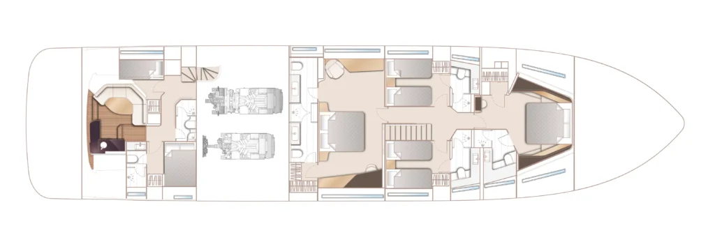 Top-down interior layout of a luxury yacht, showing engine room, crew areas, and multiple cabins beside a long deck.