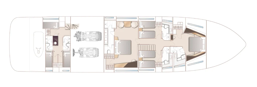 Top-down schematic of a luxury yacht interior, showing engine spaces, crew areas, and multiple cabins from stern to bow.
