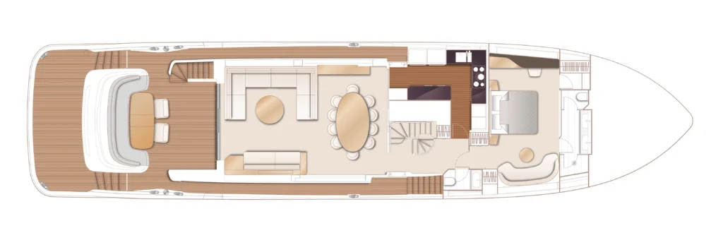 Top-down floor plan of a luxury yacht showing outdoor aft deck seating, a salon, formal dining area, galley, stairs, and private cabins forward and bow areas.