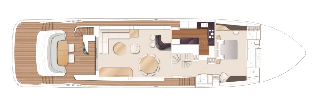 Top-down deck plan of a luxury yacht: outdoor aft lounge, interior salon with circular dining table, galley, stairs, and forward master suite with en-suite bath.