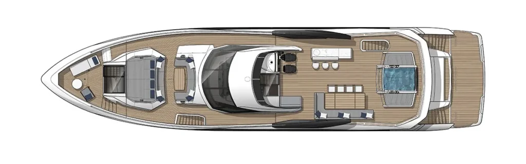 Top-down layout of a luxury motor yacht: forward sunbathing area, central helm, indoor lounge, outdoor dining, and rear deck with seating and a pool