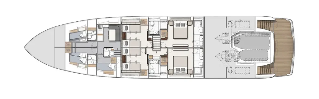 Top-down interior plan of a luxury yacht, showing forward guest cabins, central living and dining area, aft master suite, crew areas, and the aft deck with outdoor seating and tender space.