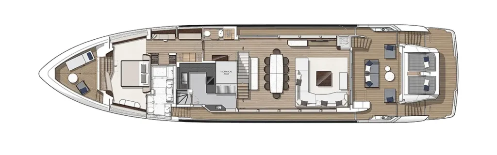 Top-down floor plan of a luxury motor yacht showing forward stateroom, central galley, dining area, and main salon with outdoor aft seating.