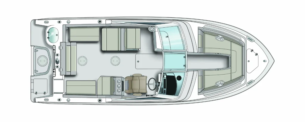 Overhead cutaway view of a motor yacht showing cabins, lounge areas, helm, and cockpit.
