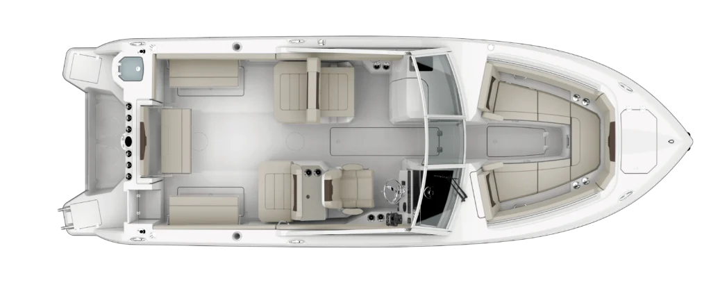 Top-down view of a luxury motor yacht deck: helm station, dining area with a central table, and multiple seating lounges throughout the cabin and forward lounge.