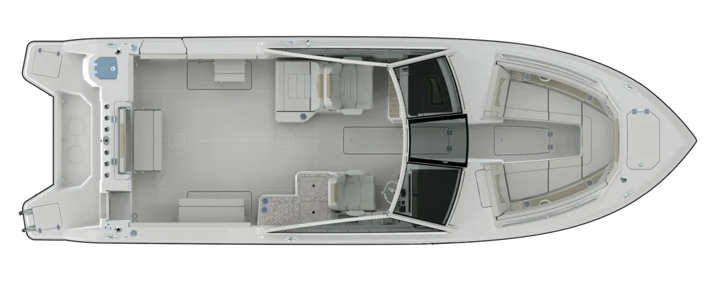 Top-down floor plan of a yacht interior showing helm, seating, galley, and cabin areas