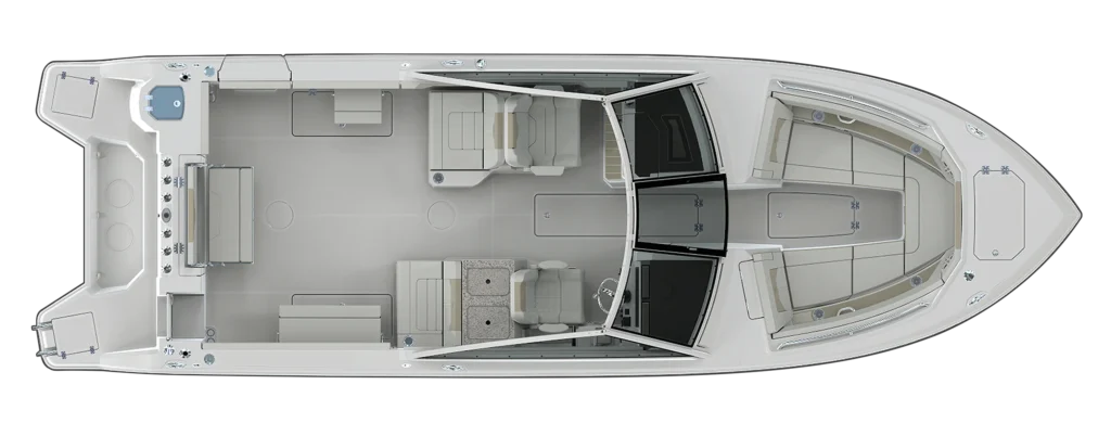 Top-down layout of a luxury yacht showing the cockpit, helm area, seating, and cabins. Aerial floor plan of a yacht: forward deck, main salon, helm, and aft seating areas. Interior yacht layout with lounge, galley, helm station, and sleeping cabins arranged along the hull. Boat deck plan: upper helm and seating in the center, with living and sleeping areas toward the bow and stern.