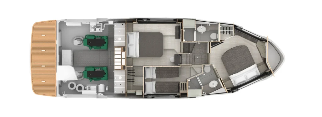 Top-down floor plan of a luxury motor yacht showing the master suite, two guest cabins, bathrooms, galley, engine room, and aft deck.