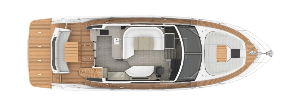 Top-down view of a luxury yacht deck layout: aft seating area, indoor galley and lounge, helm station, and forward sun deck.