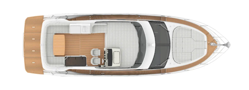 Top-down layout of a luxury motor yacht: aft deck seating, midship helm, and forward sunbathing area on teak decking.