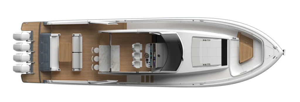 Top-down view of a luxury yacht interior and deck: lounge seating, marble dining table, helm station, and sunbathing aft area on a teak deck.