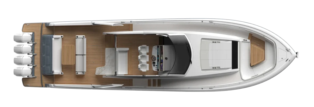 Top-down view of a luxury yacht deck: helm area forward, central seating with a dining table, and an aft teak lounge on a sun deck
