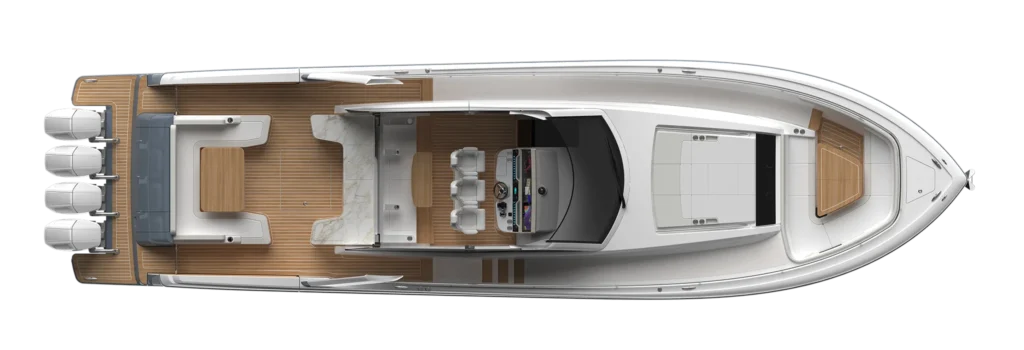 Top-down layout of a luxury yacht: aft deck seating, open living area, galley, helm, and forward cabin area.