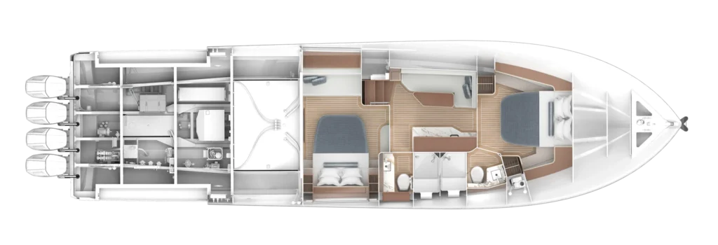 Top-down layout of a motor yacht interior, showing engine room at the stern, living area midship, and a forward master cabin