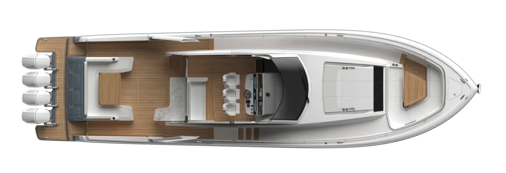 Top-down view of a luxury yacht deck with teak flooring, stern lounge seating, midship helm, and forward sun deck.