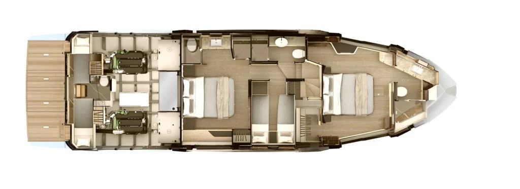 Top-down floor plan of a luxury yacht showing aft deck, engine room, crew areas, and multiple interior cabins and bathrooms.