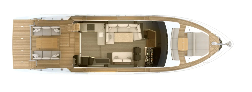 Top-down layout of a luxury yacht interior showing aft outdoor lounge, dining area, galley, and midship salon.