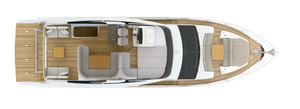 Top-down view of a luxury motor yacht deck with teak flooring, seating areas, and helm station that anchors the layout.