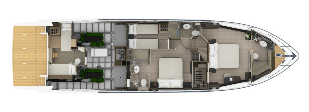 Top-down floor plan of a luxury yacht showing aft deck, engine room, galley, and multiple cabins and bathrooms fore and midships