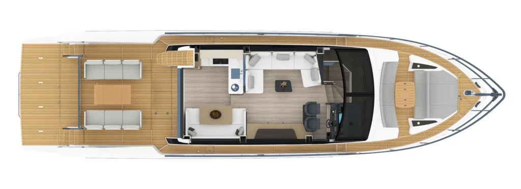 Top-down layout of a luxury motor yacht: aft deck with seating and dining, central saloon and galley, helm area, and forward sun deck