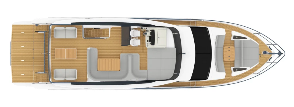 Top-down layout of a luxury motor yacht showing aft deck seating, indoor lounge, helm station, and forward cockpit.