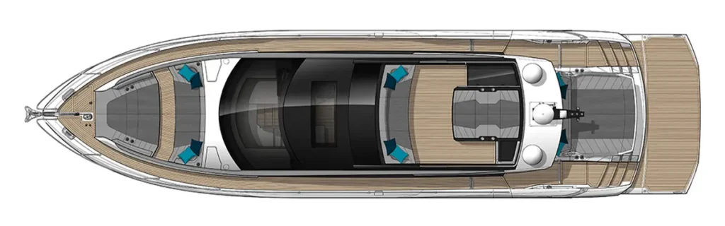 Top-down view of a luxury motor yacht deck with teak decking, seating areas with blue cushions, and a central cabin corridor.