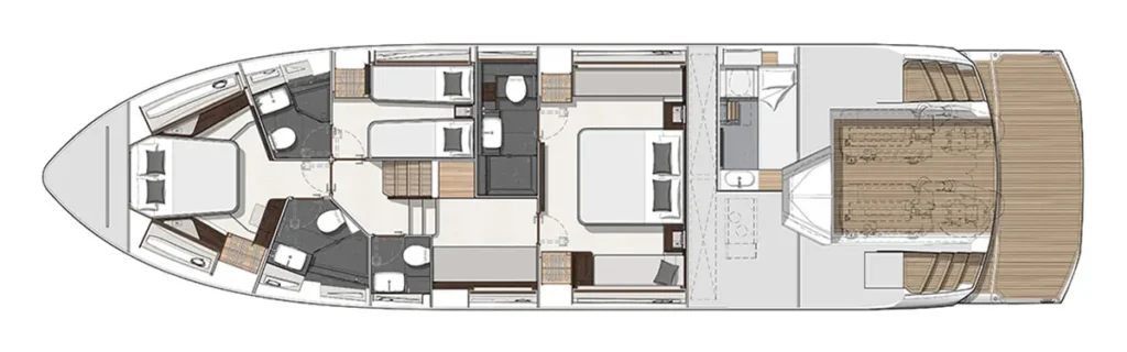 Top-down layout of a luxury motor yacht showing the forward master suite, multiple guest cabins with en-suite heads, and a central living area with aft deck access.